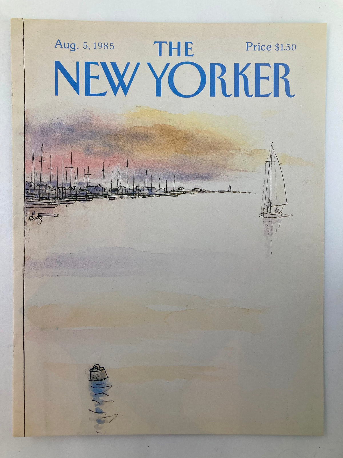Cover only of The New Yorker magazine dated August 5, 1985, featuring a serene watercolor illustration of a marina with sailboats, by Arthur Getz. Price marked at $1.50.