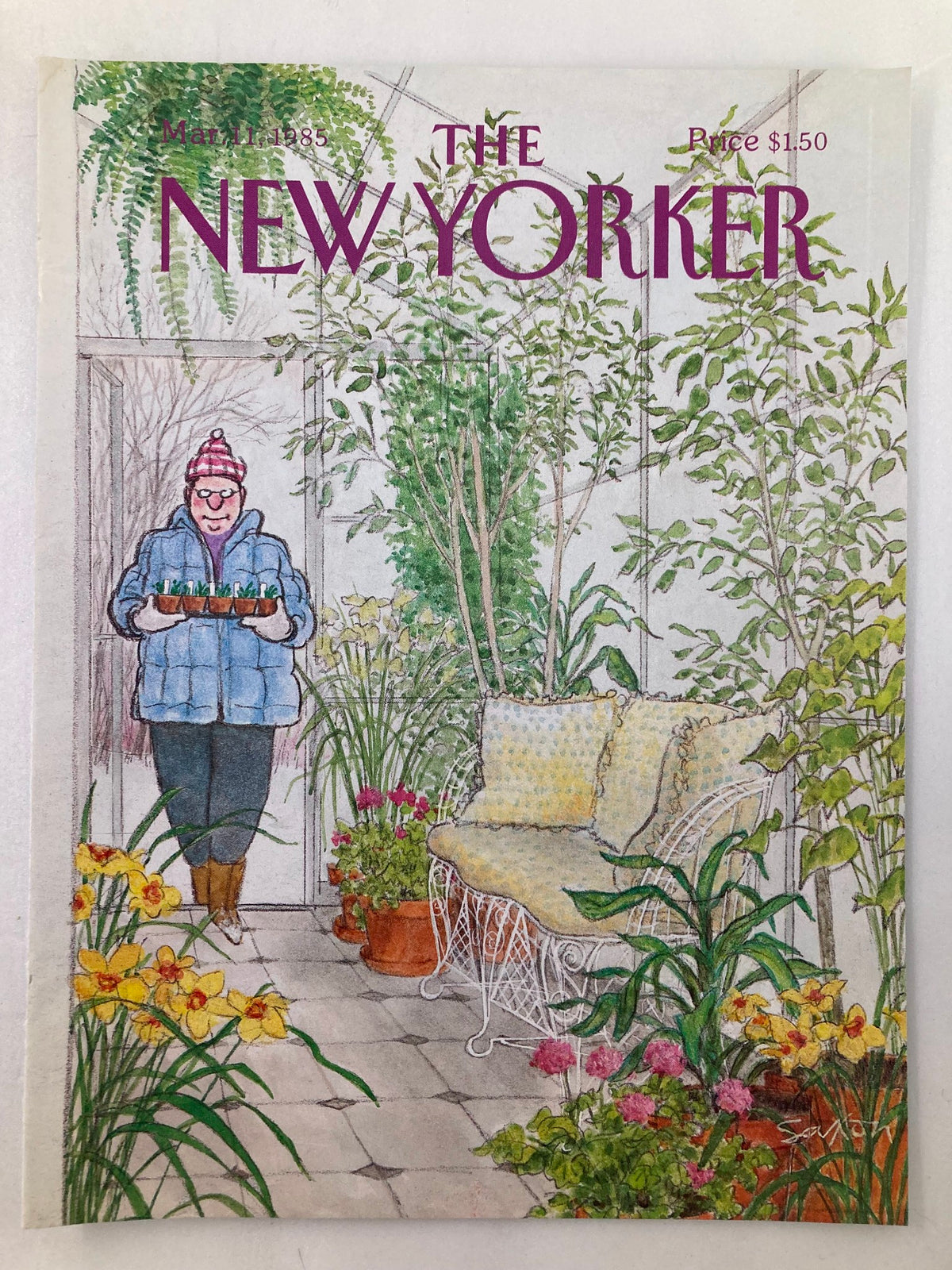 Cover only of The New Yorker dated March 11, 1985, featuring the artwork 'Plant Room' by Charles Saxon, depicting a charming indoor garden scene with a man holding plants amidst lush greenery.