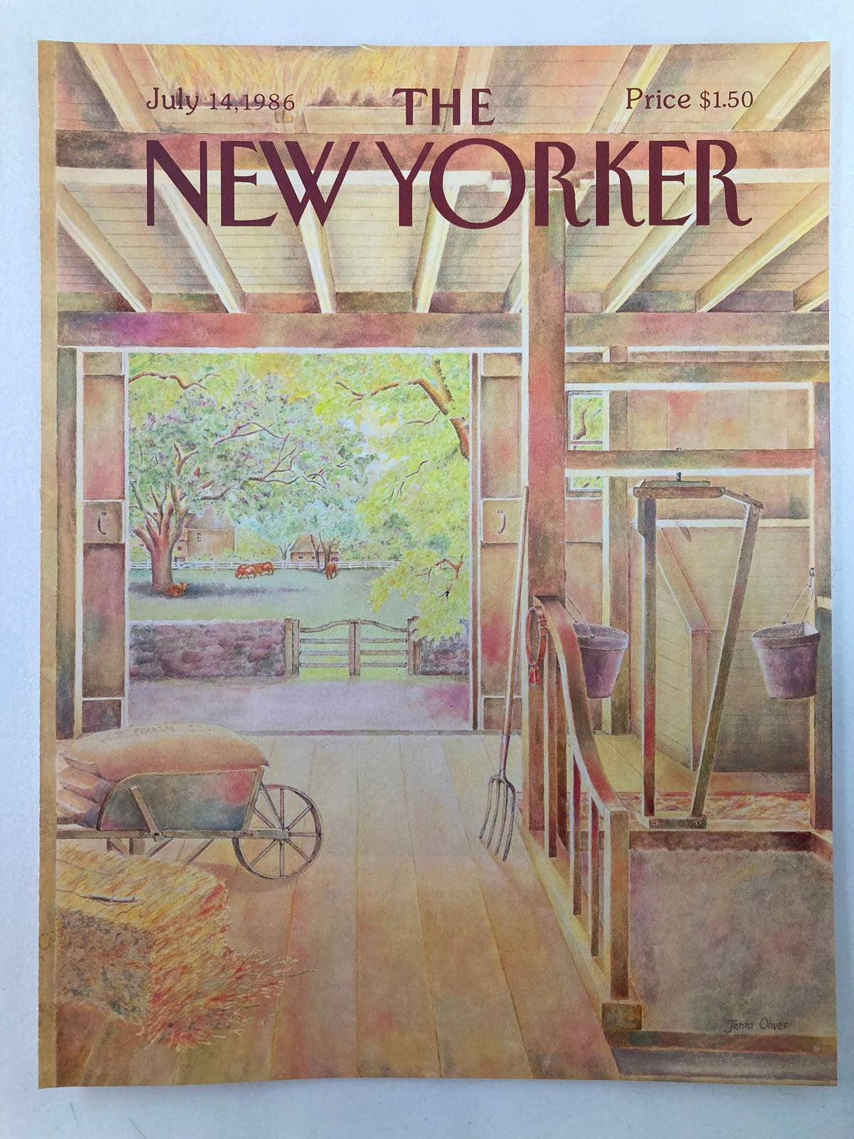 Cover of The New Yorker from July 14, 1986, showcasing 'Farm Life' illustration by Jenni Oliver, highlighting farm elements like hay and a serene outdoor landscape.