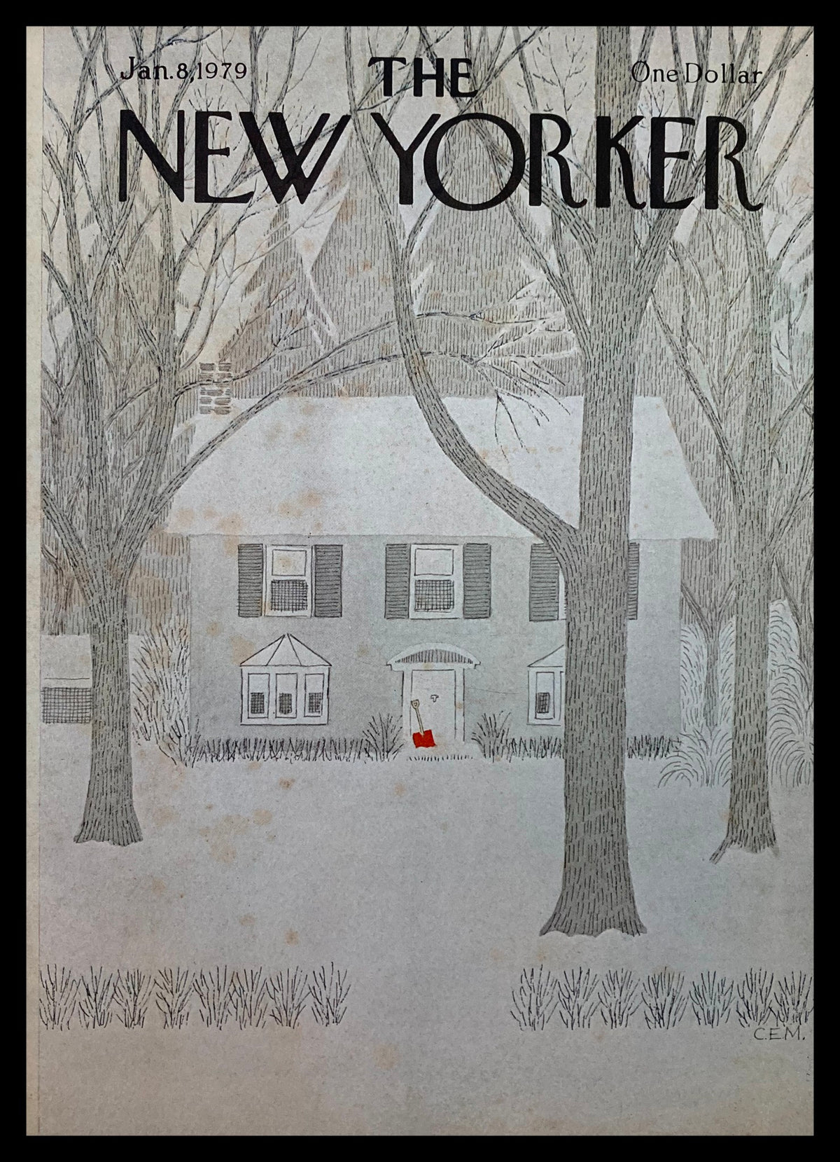COVER ONLY The New Yorker January 8 1979 Red Shovel by Charles Martin featuring an illustrated house in a snowy landscape with trees.