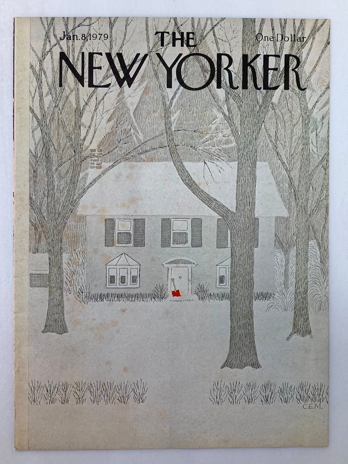 COVER ONLY The New Yorker January 8 1979 Red Shovel by Charles Martin showcasing a winter scene with a prominent red shovel visible in front of a house.