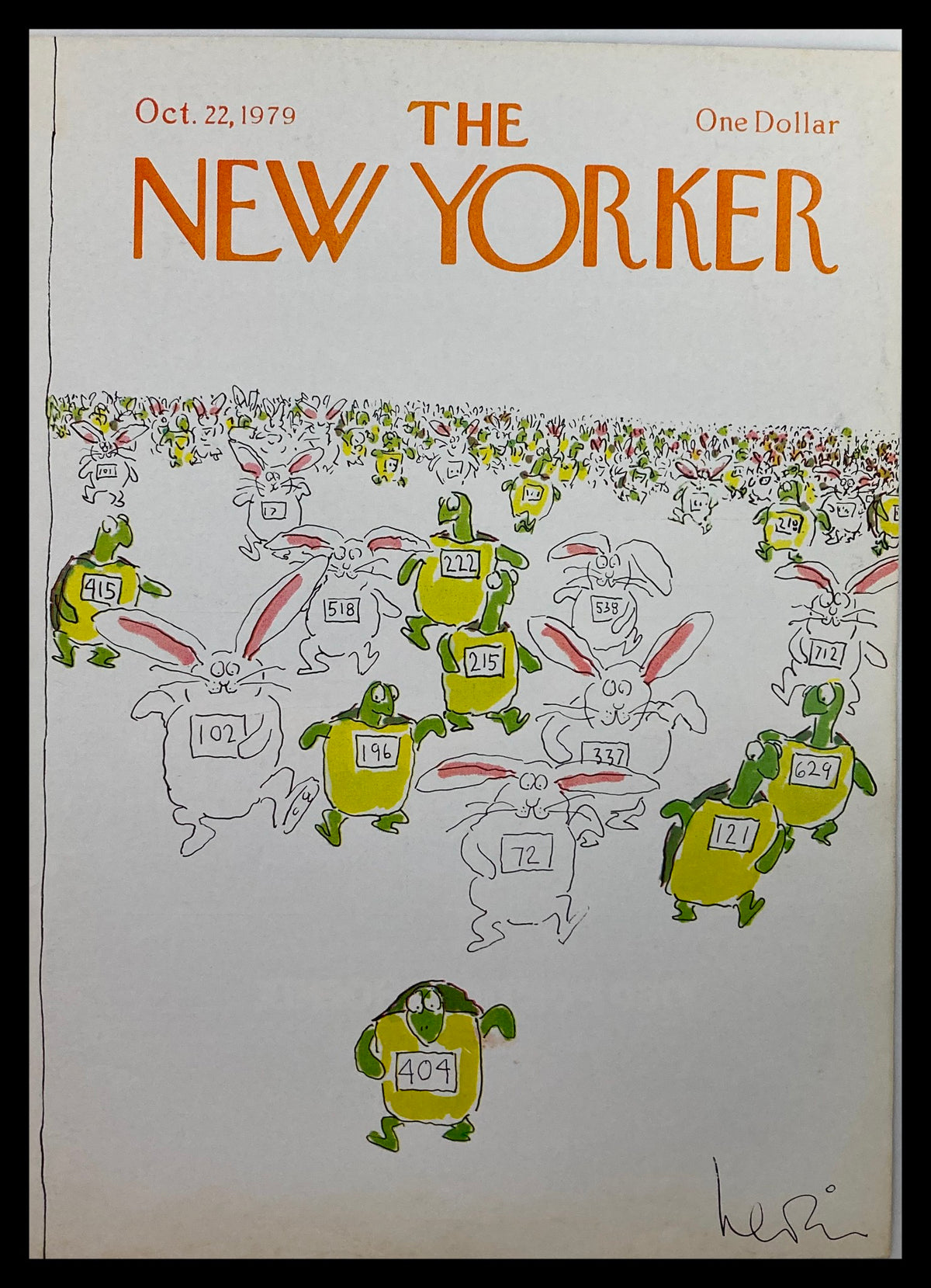 Cover of The New Yorker October 22, 1979 featuring whimsical artwork titled 'Turtle Bunny Race' by A. Levin, showcasing a humorous race scene with turtles and bunnies.