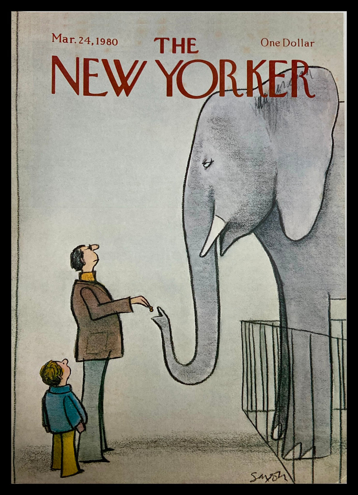 The New Yorker Cover March 24 1980, illustrated by Charles Saxon, featuring a whimsical scene of a man and a boy observing an elephant, perfect for collectors of vintage art.