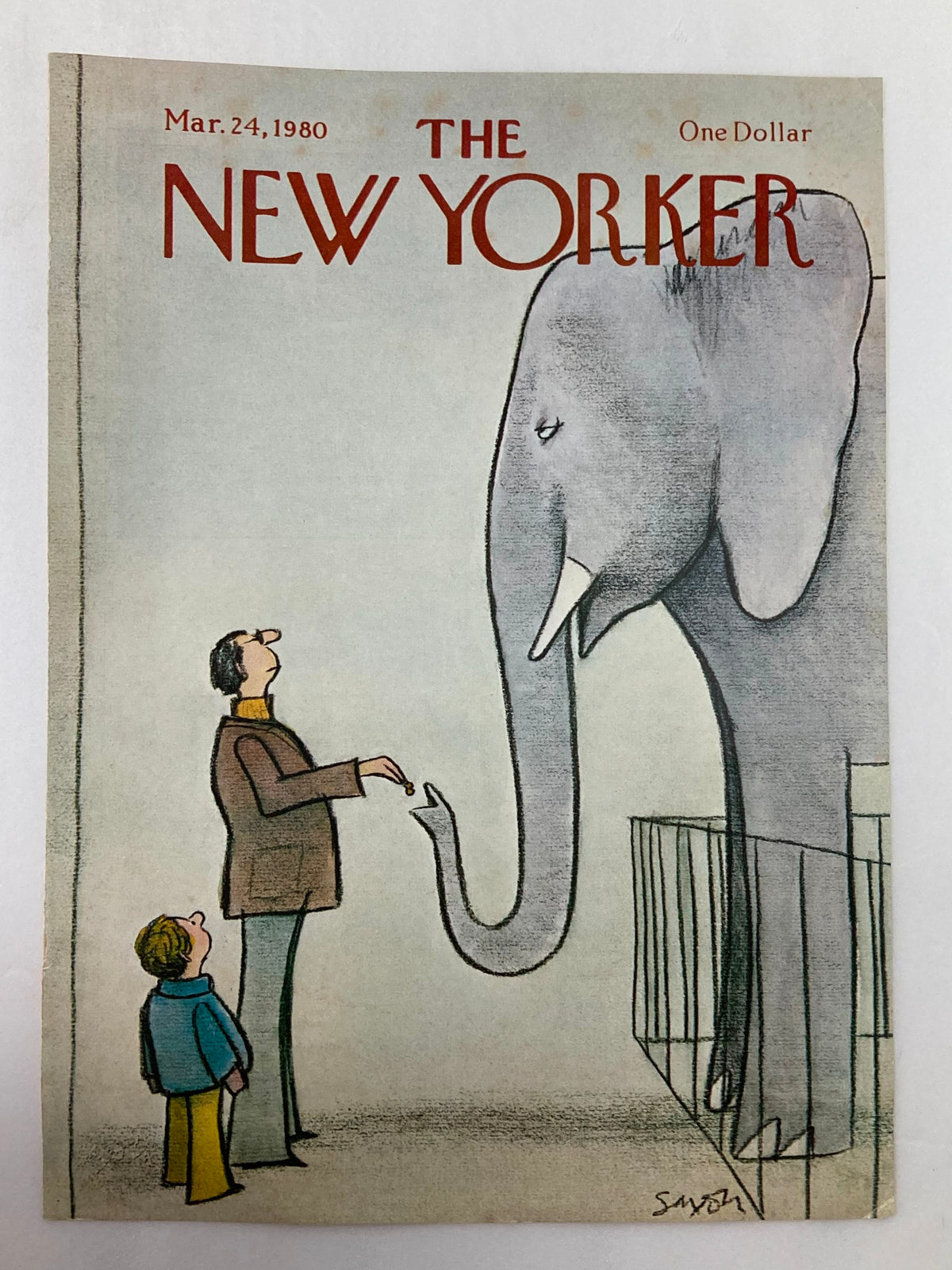 The New Yorker Cover March 24 1980, showcasing a charming illustration by Charles Saxon of a boy and a man engaging with an elephant, ideal for framing or display.