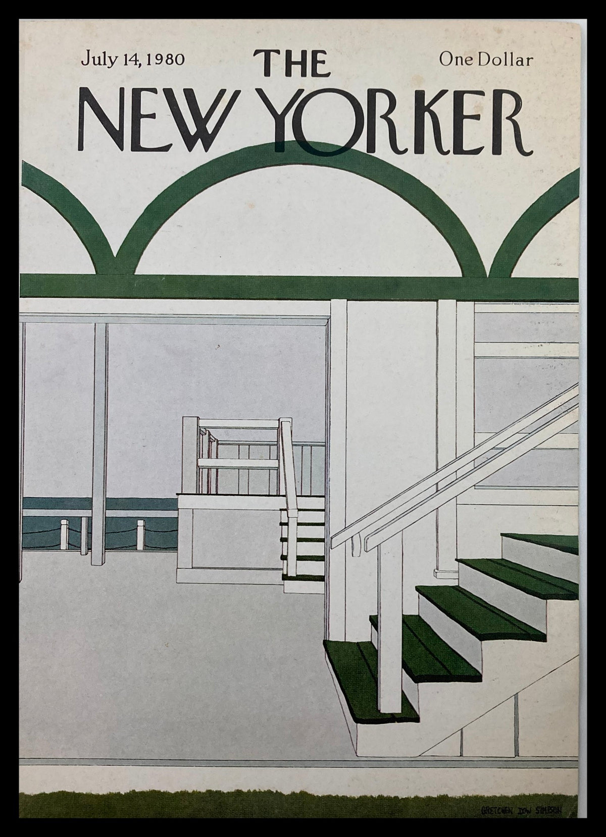 COVER ONLY The New Yorker July 14 1980 featuring an illustration of stairs by Gretchen Dow Simpson, showcasing a minimalist interior with green accents and a coastal view.