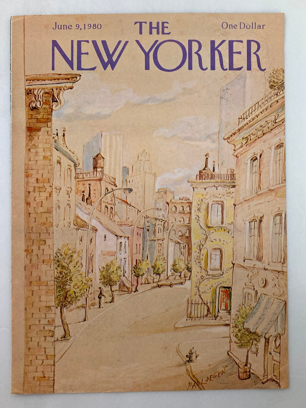 Cover of The New Yorker magazine dated June 9, 1980, titled 'Empty Streets' by Paul Degen, illustrating a serene street with architectural details and foliage.