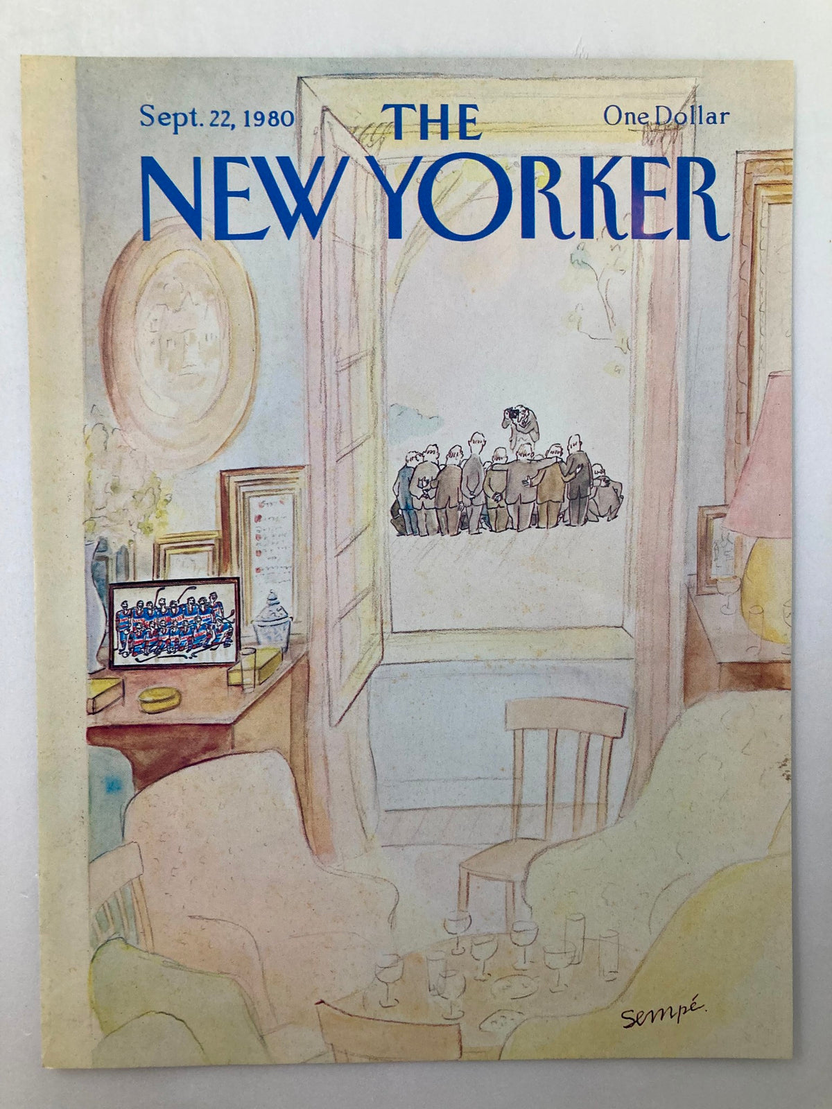 Cover of The New Yorker magazine from September 22, 1980, entitled 'Reunion' by J. J. Sempé, showcasing a whimsical depiction of a cozy interior with an open window revealing a gathering of people.