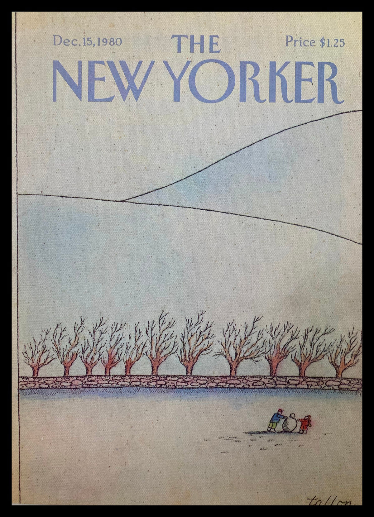 The New Yorker December 15 1980 cover featuring a snowman illustration by Robert Tallon, showcasing playful children building a snowman in a winter landscape with leafless trees.
