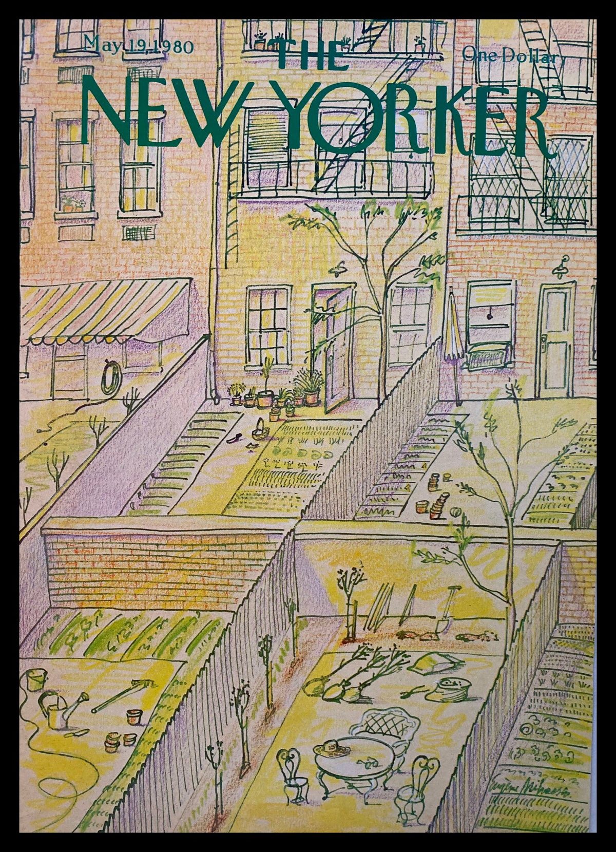 The New Yorker May 19 1980 cover featuring an illustration by Eugene Mihaesco, depicting a colorful backyard scene with overgrown gardens, a table and chairs, and various gardening tools, capturing a nostalgic afternoon atmosphere.
