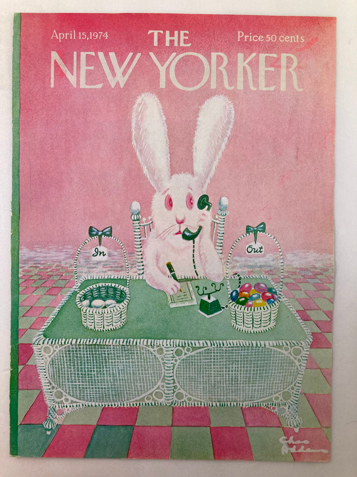 Cover image of The New Yorker, April 15, 1974, showcasing whimsical Easter design by Chas Addams, with a bunny at a phone call surrounded by Easter baskets.