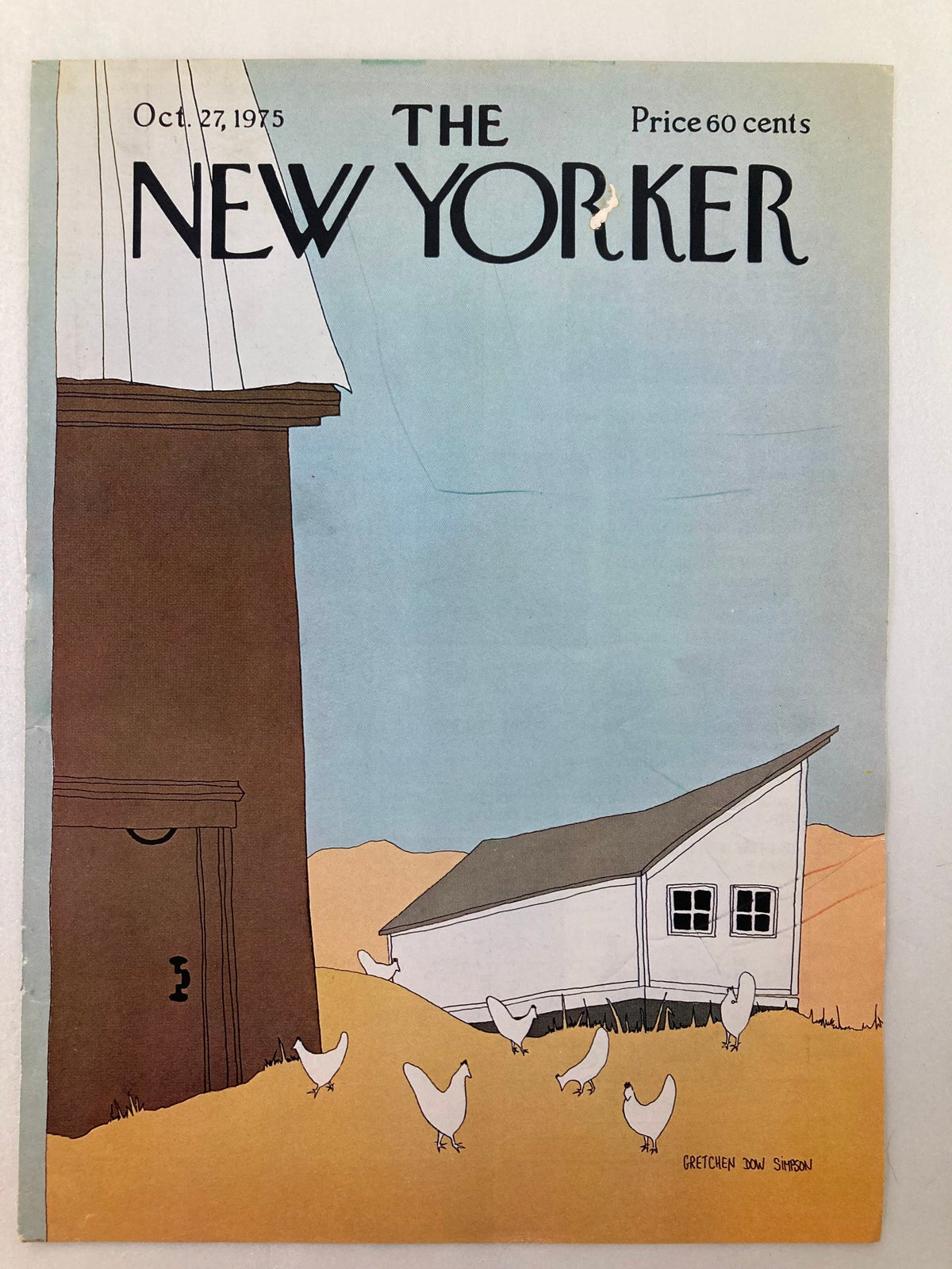 The New Yorker Cover October 27 1975 featuring a whimsical illustration of chickens by Gretchen Simpson, ideal for art collectors and vintage magazine enthusiasts.