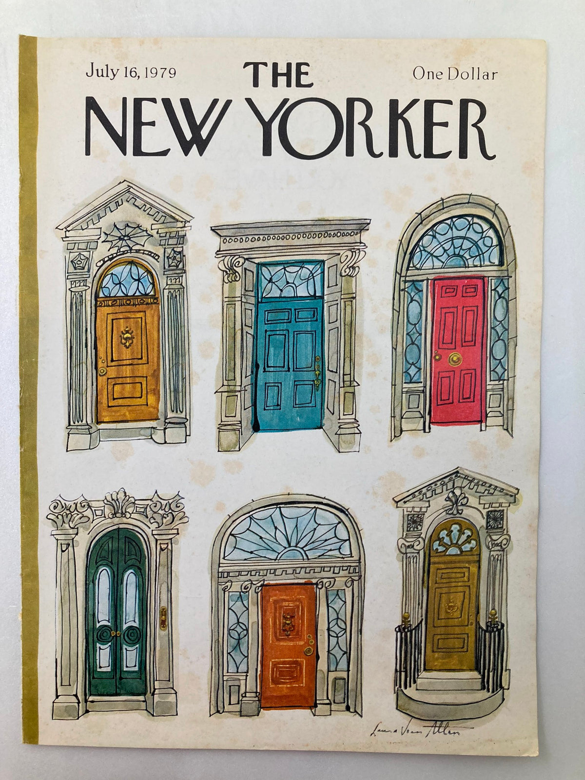 Cover of The New Yorker from July 16, 1979 featuring colorful illustrations of various doors by Laura Jean Allen.