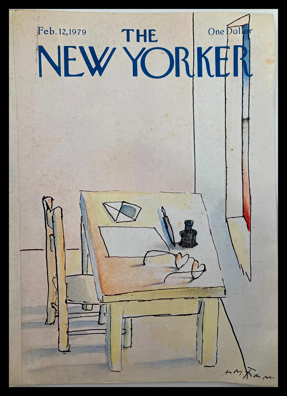 COVER ONLY The New Yorker February 12 1979 Desk by Andre Francois featuring an artistic depiction of a desk with stationery, an ink bottle, and a window.
