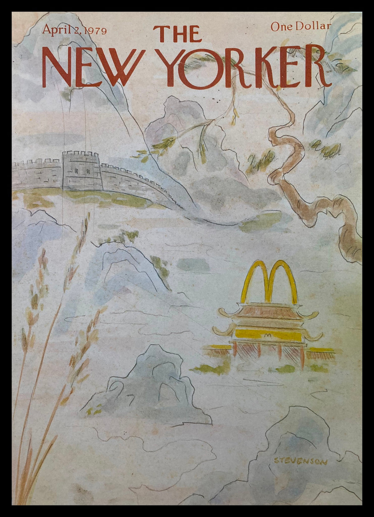 The New Yorker magazine cover dated April 2, 1979, illustrated by James Stevenson, featuring a serene landscape with the Great Wall of China and an iconic golden arch structure in the foreground.