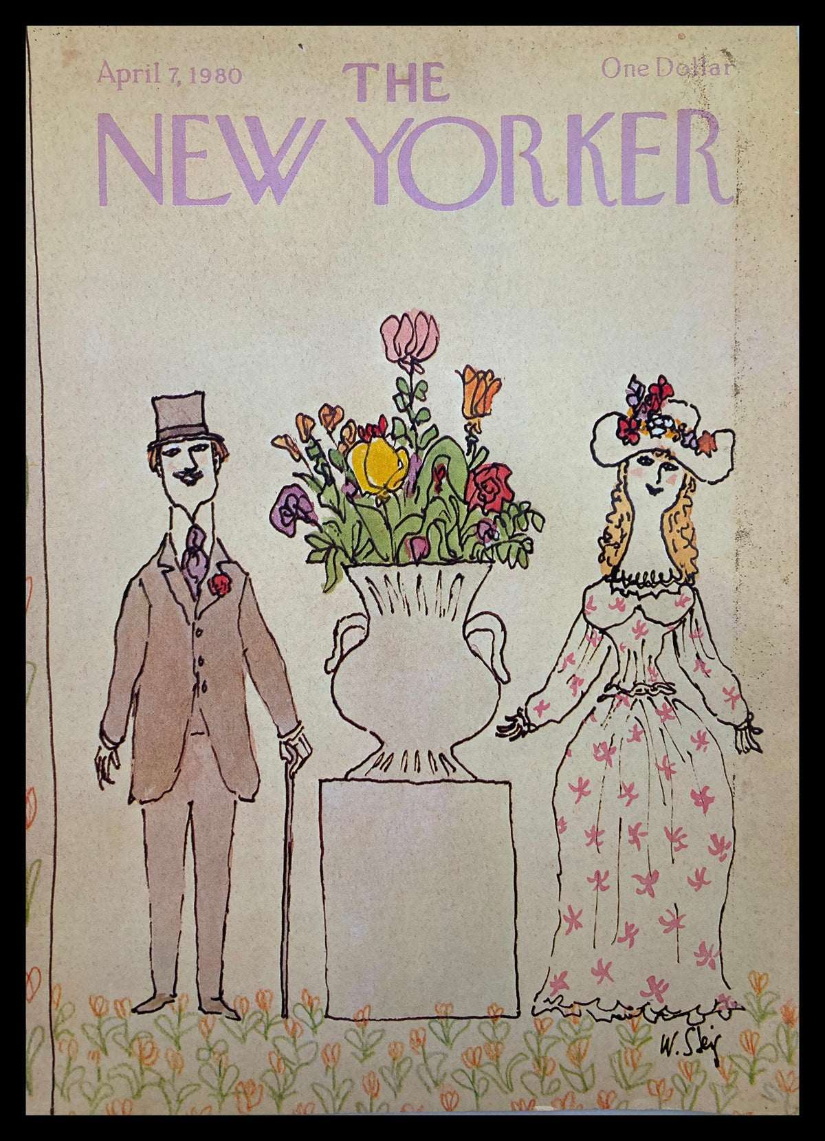 Cover of The New Yorker from April 7, 1980, featuring an illustration by William Steig depicting a man in a suit with a cane beside a vase of flowers, and a woman in a floral dress.