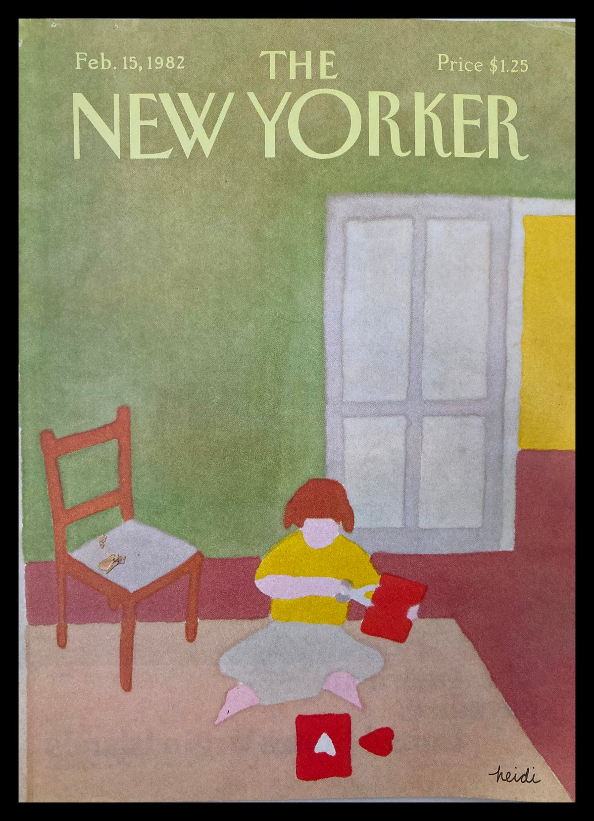 The New Yorker February 15 1982 cover titled "Love Letter" by Heidi Goennel, depicting a child playing with red shapes in a simple interior.