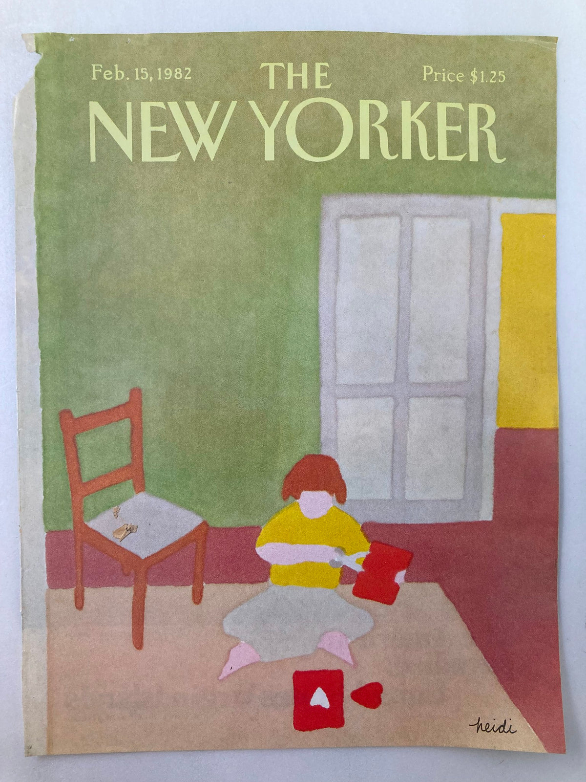 The New Yorker February 15 1982 cover titled "Love Letter" by Heidi Goennel, featuring a young girl with red shapes and a minimalistic room design.