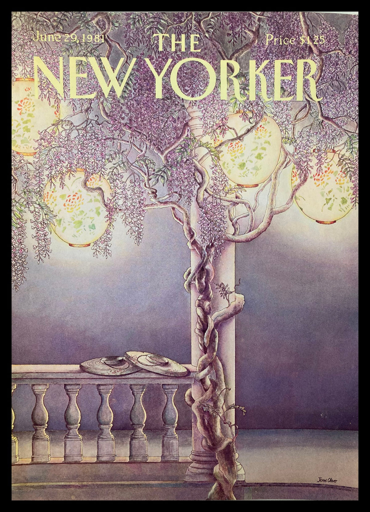 Vintage cover of The New Yorker dated June 29, 1981, illustrated by Jenni Oliver, featuring a whimsical lantern design with purple wisteria and architectural elements.