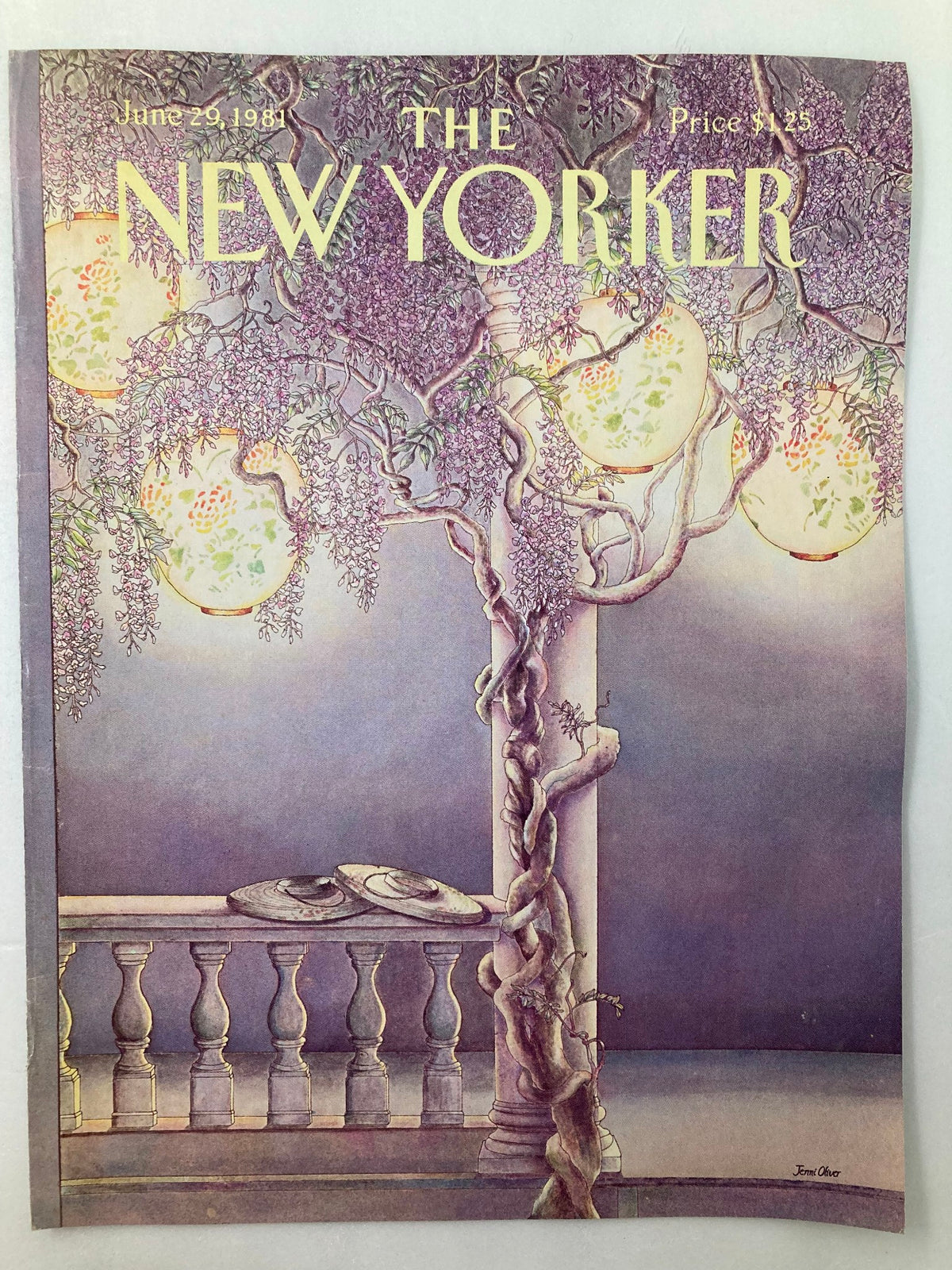 Another view of the vintage The New Yorker cover from June 29, 1981, by Jenni Oliver, showcasing the enchanting lantern and floral design against a softly colored backdrop.