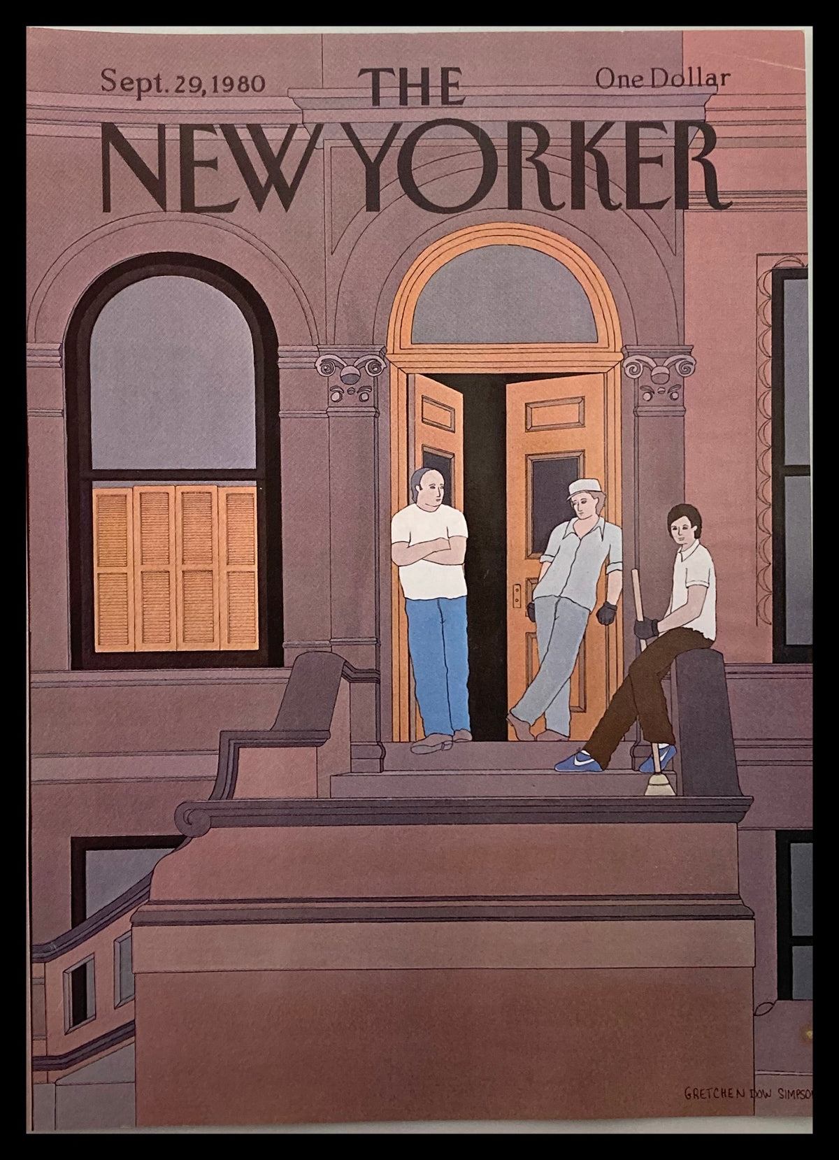 Cover of The New Yorker dated September 29, 1980, illustrated by Gretchen S., featuring three figures standing on a stoop with an open door.