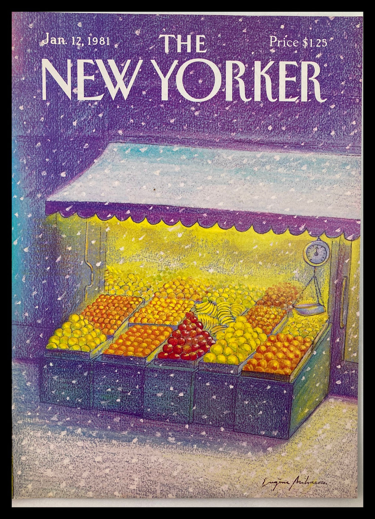 Cover of The New Yorker, January 12, 1981, featuring a colorful Fruit Stand illustration by Eugene Mihaesco, showcasing vibrant fruits and a snowy background, perfect for collectors and art enthusiasts.