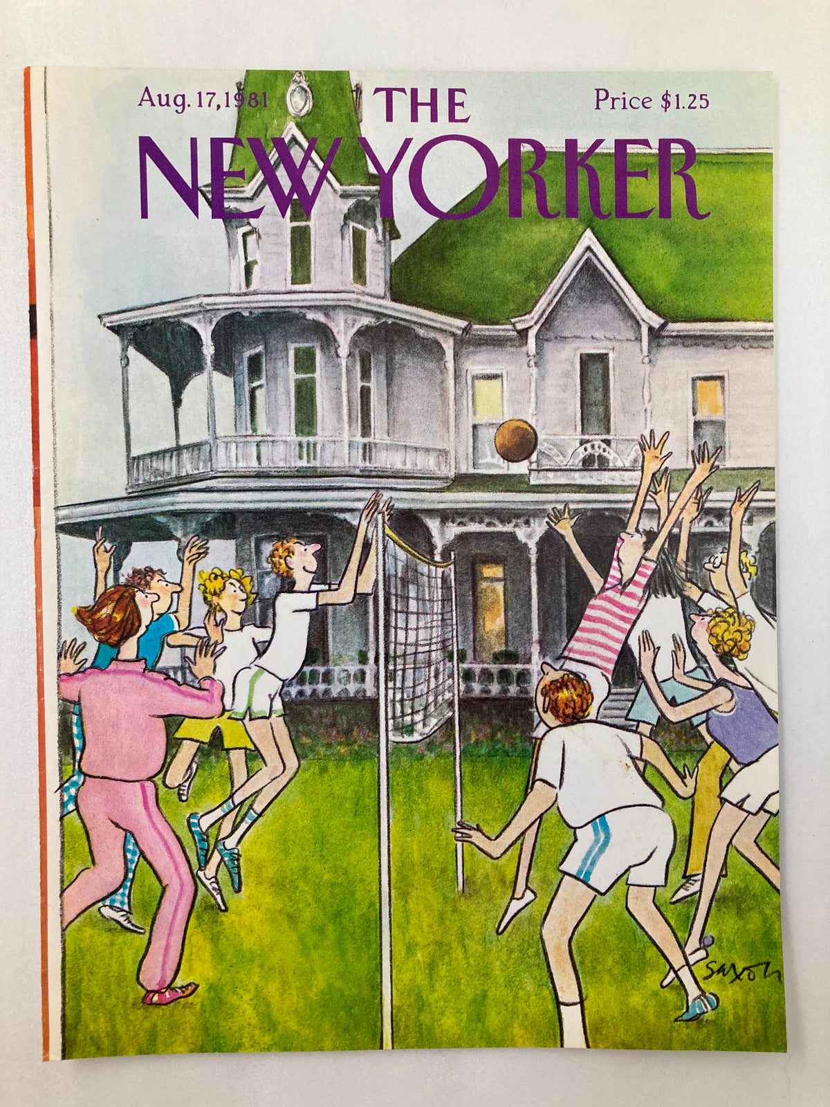 Cover image of The New Yorker, August 17, 1981, depicting an illustrated scene of a volleyball game with a Victorian-style house and a vibrant green lawn.