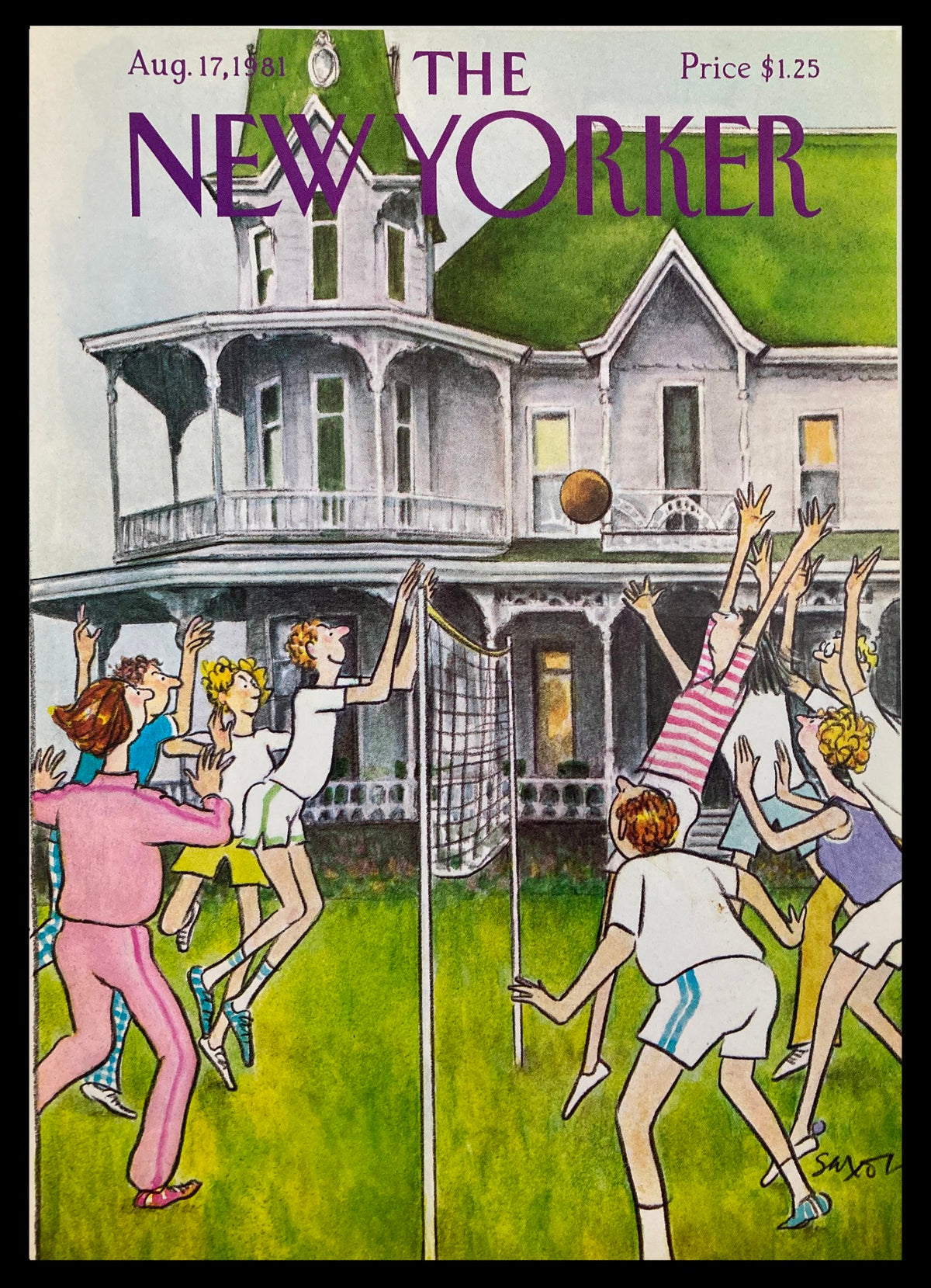 Cover image of The New Yorker, August 17, 1981, featuring a colorful illustration of people playing volleyball in a yard with a Victorian house in the background.