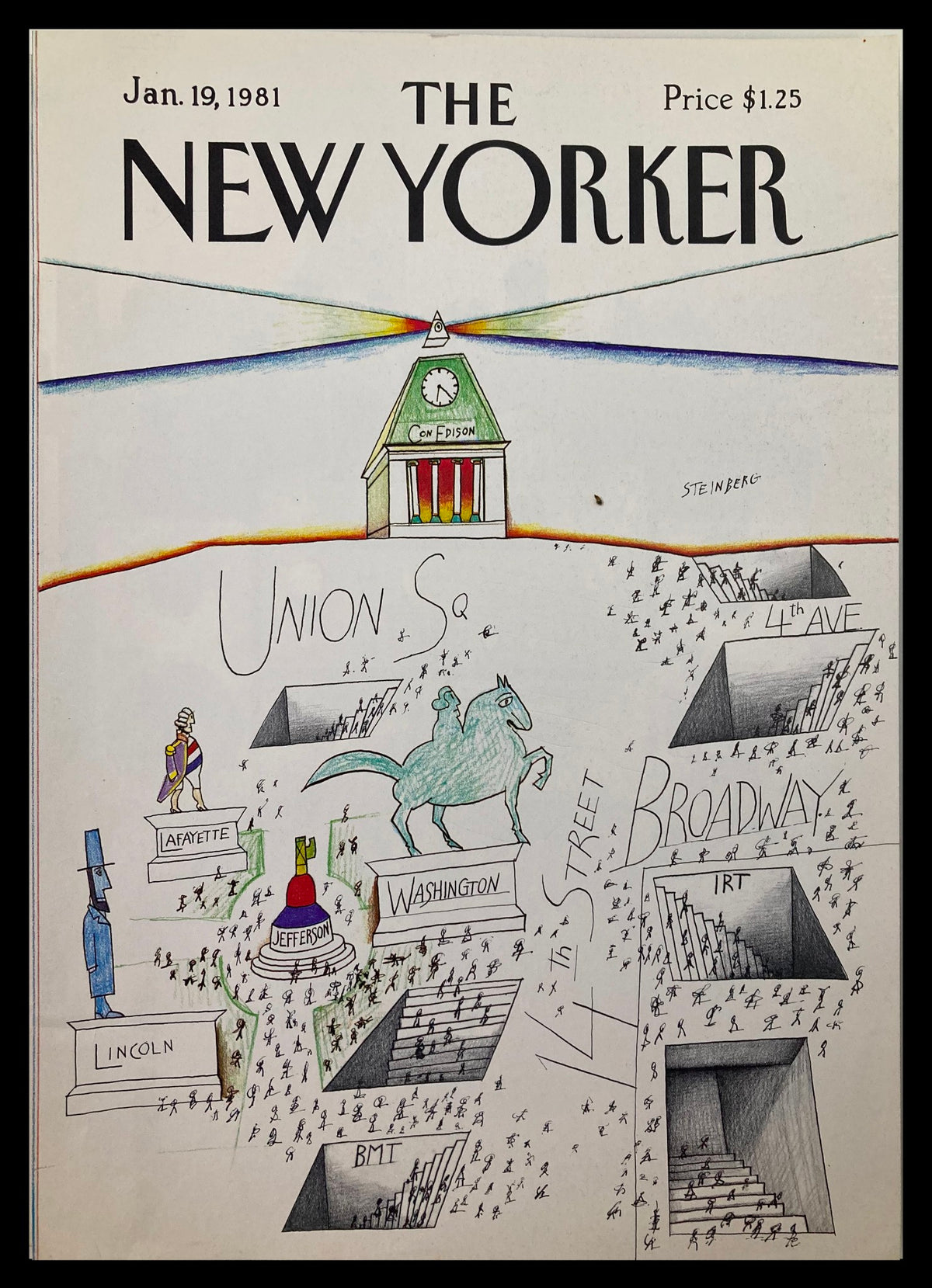 The New Yorker Cover January 19 1981 featuring a whimsical illustration by Saul Steinberg of Union Square in New York City, showcasing iconic landmarks and a vibrant urban atmosphere.
