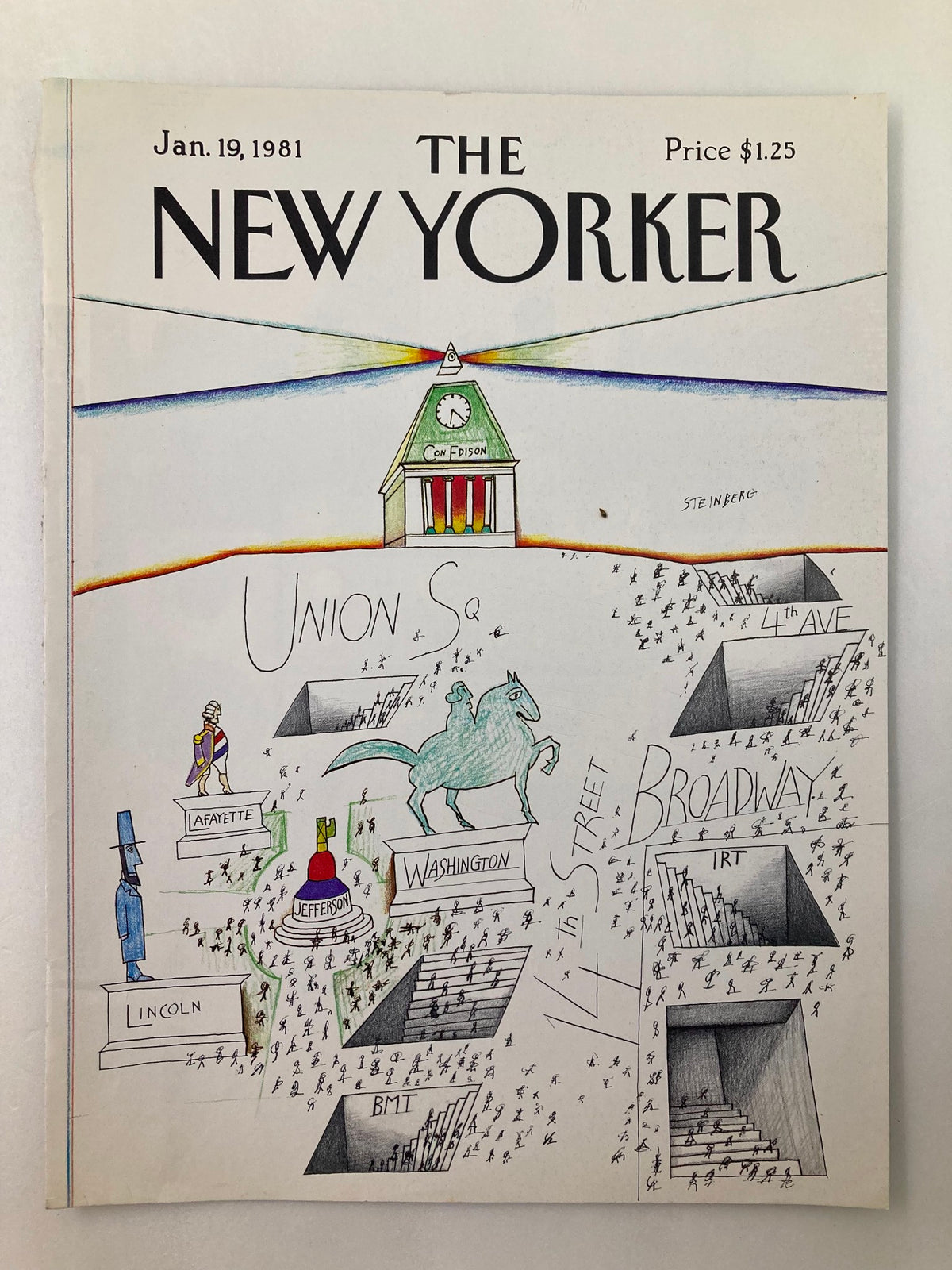 The New Yorker Cover January 19 1981 illustrated by Saul Steinberg, depicting Union Square with artistic representations of statues and bustling crowds, reflecting the essence of New York City.