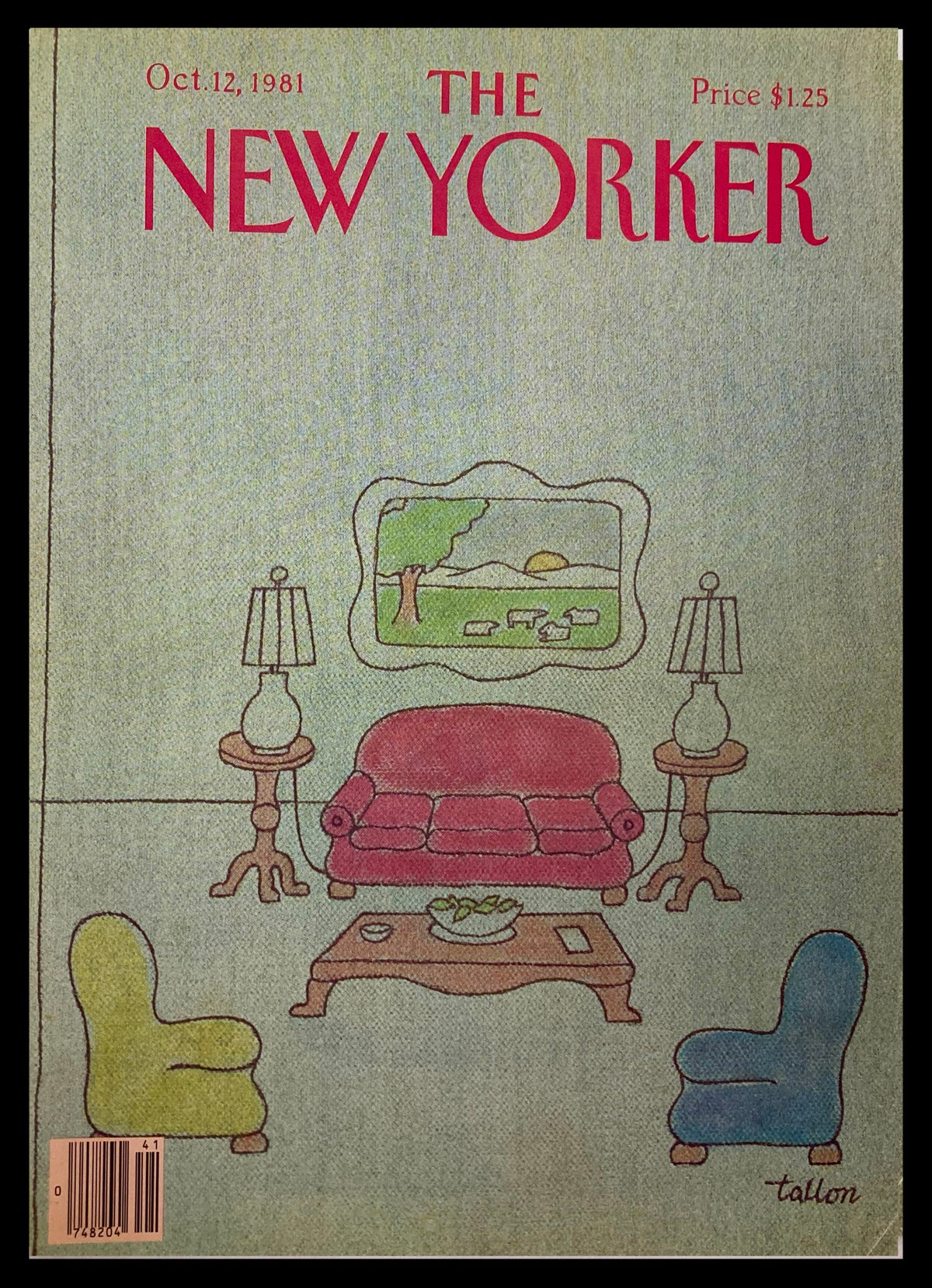 COVER ONLY The New Yorker October 12 1981 featuring artwork titled "Couches" by Robert Tallon, showcasing a cozy living room scene with a red couch and colorful chairs.