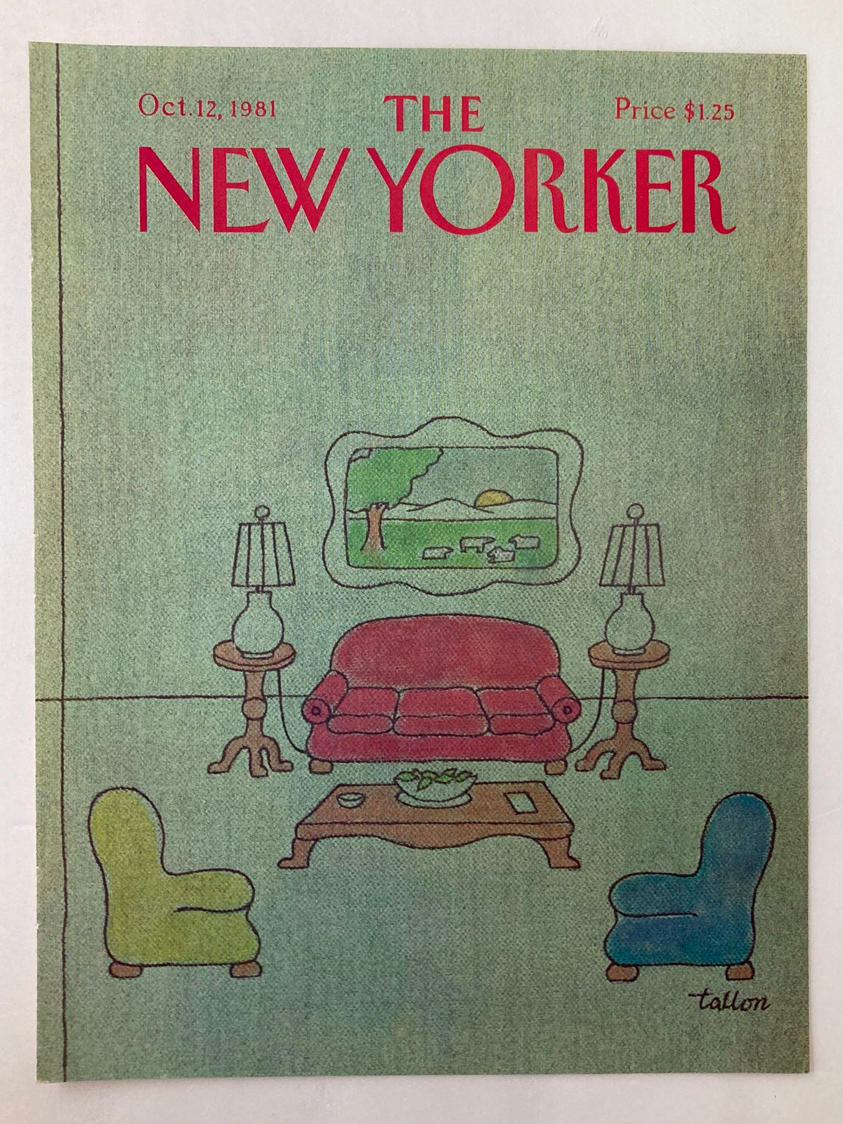 Cover of The New Yorker October 12, 1981 displaying a stylized illustration of colorful couches, a coffee table, and lamps, artfully designed by Robert Tallon, evoking nostalgia.