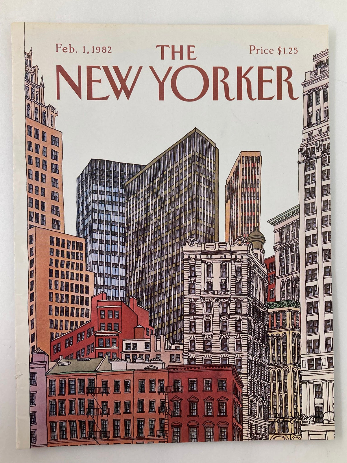 COVER ONLY The New Yorker February 1 1982 featuring buildings illustrated by Roxie Munro. The cover showcases a vibrant urban landscape with detailed architectural drawings, perfect for art collectors and design enthusiasts.