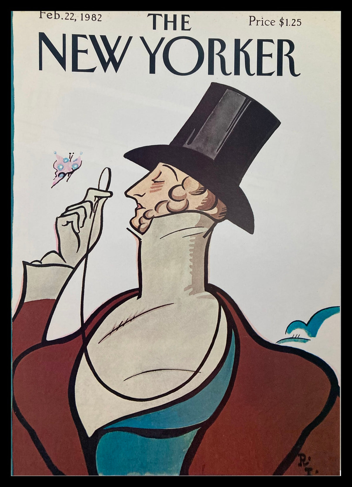 Cover of The New Yorker magazine dated February 22, 1982, featuring the iconic Eustace Tilley illustration by Rea Irvin with a whimsical butterfly and a bird in the background.