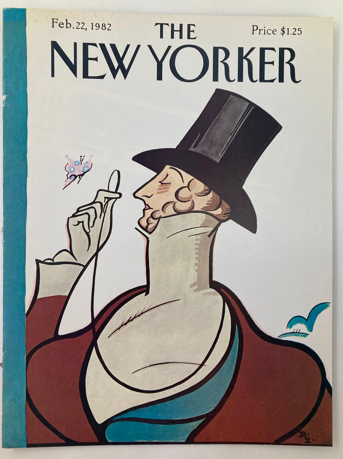 Cover art of The New Yorker from February 22, 1982, showcasing the famous Eustace Tilley character by Rea Irvin, adorned with a top hat and surrounded by a colorful butterfly.