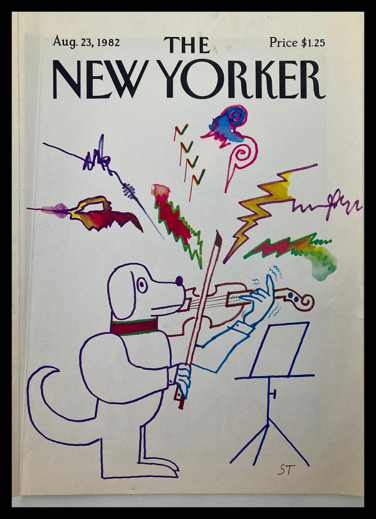 COVER ONLY The New Yorker August 23 1982 featuring a whimsical illustration of a dog playing the violin by Saul Steinberg, capturing playful energy with vibrant colors and artistic lines.