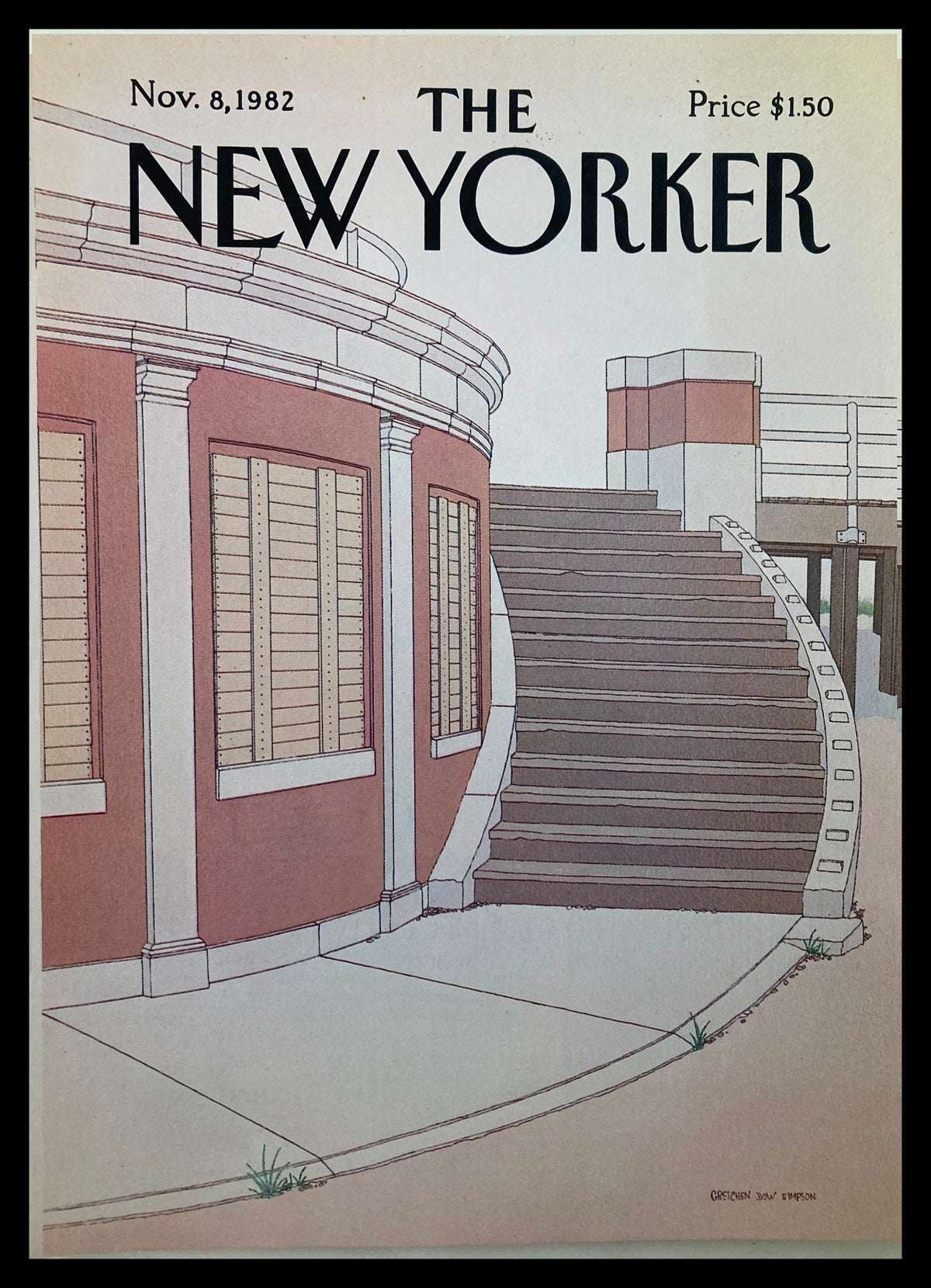 Cover only The New Yorker November 8 1982 titled 'Stairs' by Gretchen Simpson, featuring a stylized illustration of a building with exterior stairs, perfect for collectors and vintage magazine art enthusiasts.