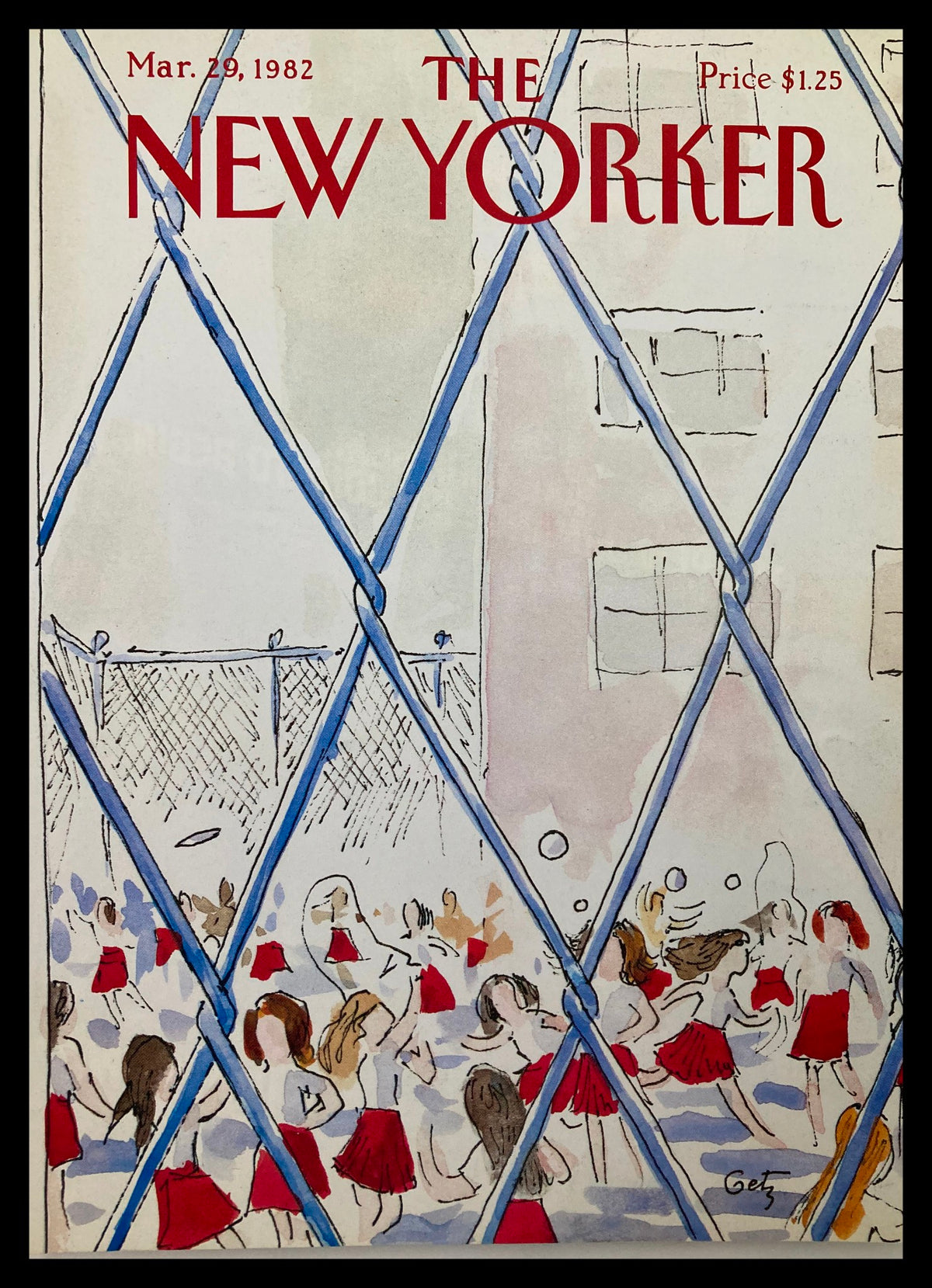COVER ONLY The New Yorker March 29 1982 featuring vibrant illustration of girls in red skirts by Arthur Getz, captured through a wire fence background, perfect for collectors.