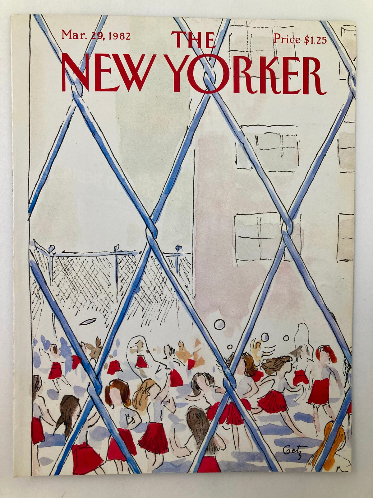 COVER ONLY The New Yorker March 29 1982 showing artistic portrayal of girls in red skirts by Arthur Getz, with wire fencing in the foreground, ideal for vintage magazine enthusiasts.