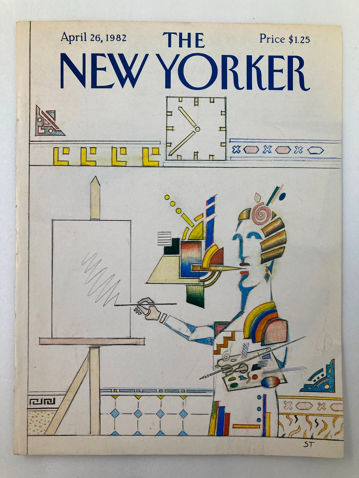 The New Yorker magazine cover from April 26, 1982, showcasing a vibrant illustration by Saul Steinberg, with an artist holding a brush.