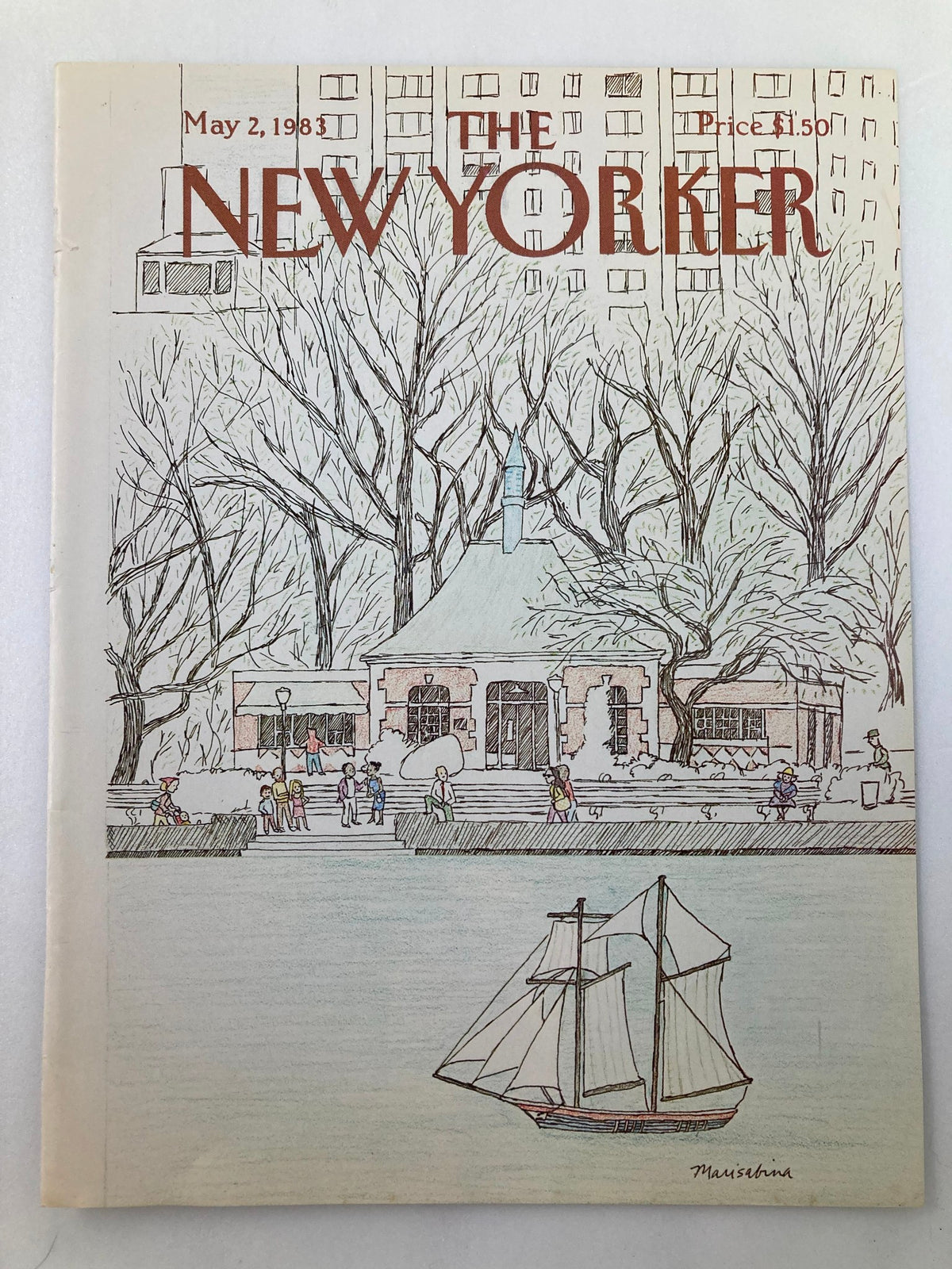 COVER ONLY The New Yorker May 2 1983 Toy Boat by Marisabina Russo, showcasing a vintage magazine cover with a toy boat and a lively park scene.