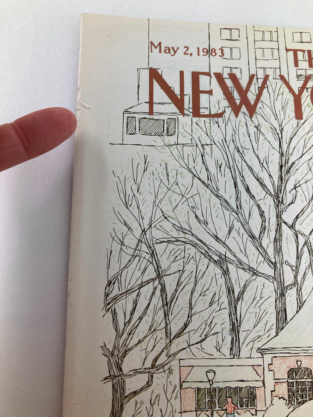 COVER ONLY The New Yorker May 2 1983 Toy Boat by Marisabina Russo, highlighting a minor wear detail on the cover with art of a toy boat and surrounding trees.