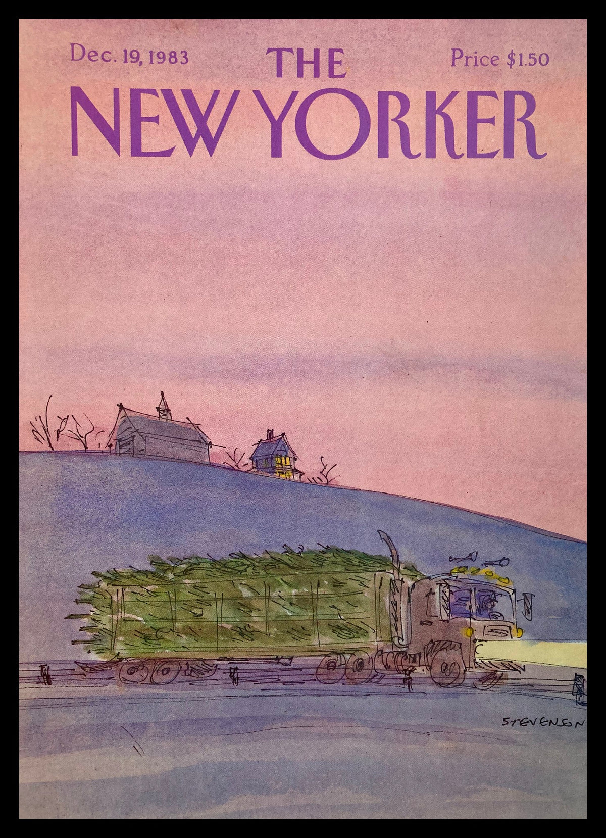 COVER ONLY The New Yorker December 19 1983 - Farm Life illustration by James Stevenson featuring a truck hauling trees with rustic houses in the background, showcasing vintage magazine art.