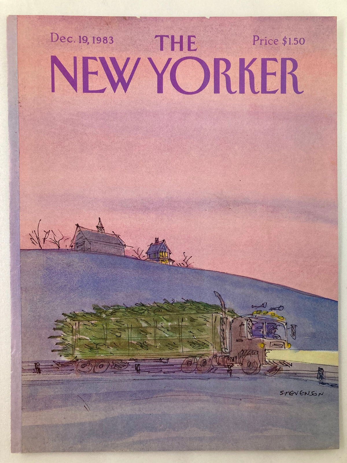 COVER ONLY The New Yorker December 19 1983 - Farm Life artwork by James Stevenson highlighting a truck transporting trees against a backdrop of country homes, perfect for vintage art collectors.