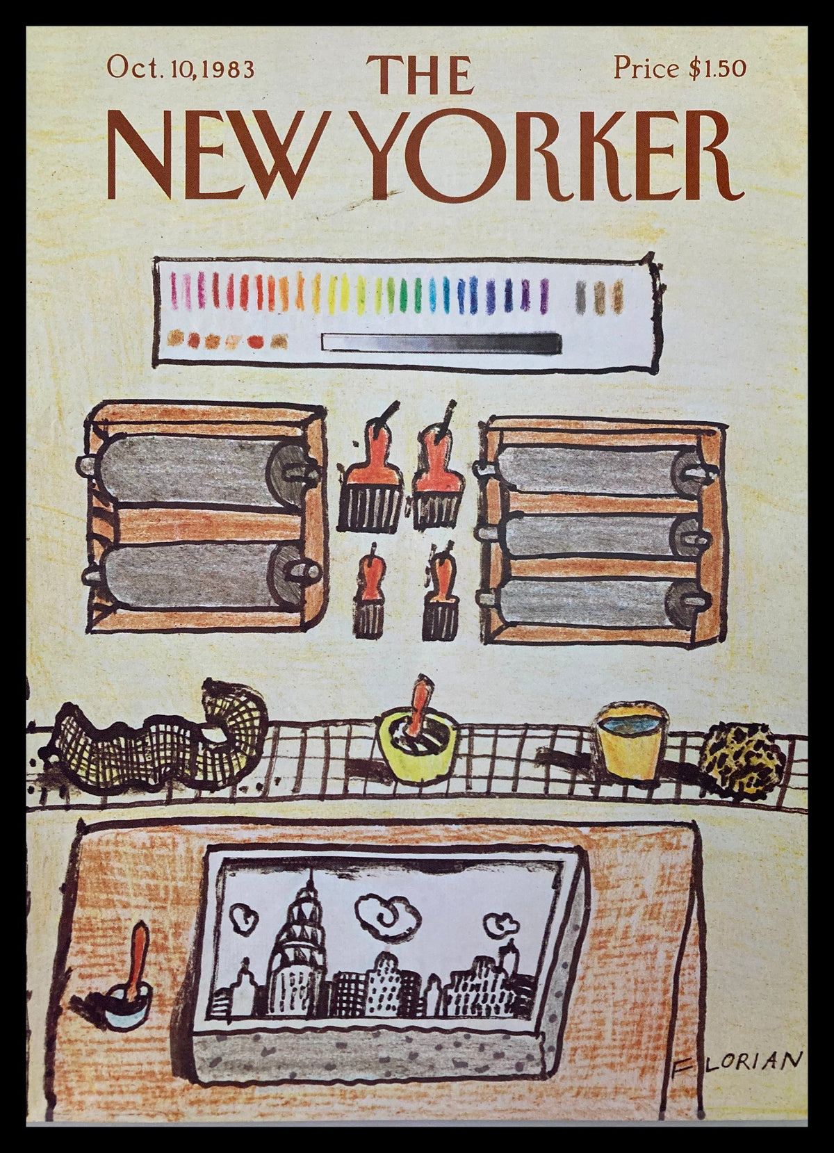 The New Yorker Cover October 10, 1983, featuring a whimsical illustration by D. Florian with a color palette, depicting art supplies and a New York City skyline.