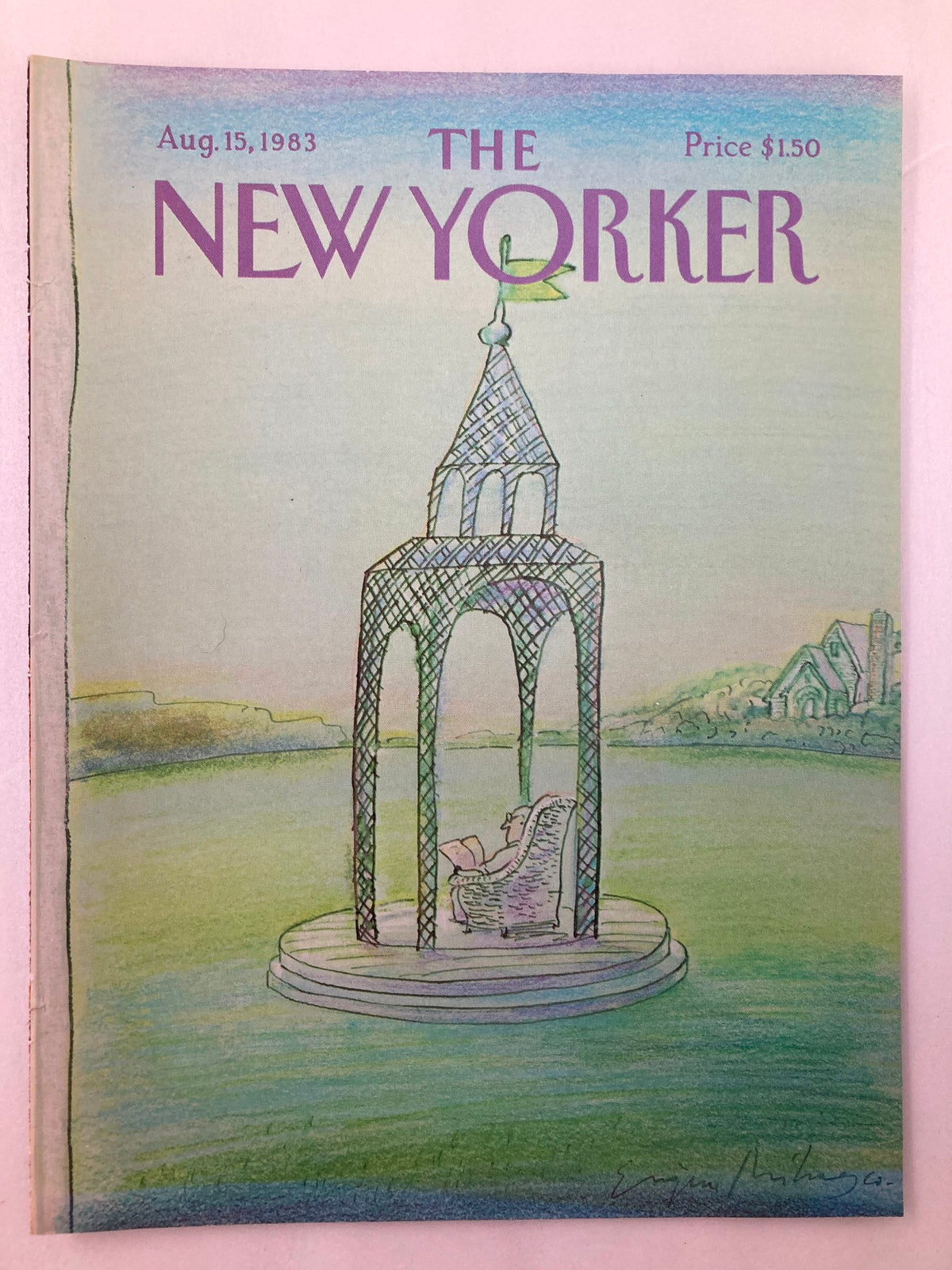 COVER ONLY The New Yorker August 15, 1983, showcasing vivid illustrations by Eugene Mihaesco, highlighting a peaceful scene with a reader in a gazebo, a collectible piece of art history.