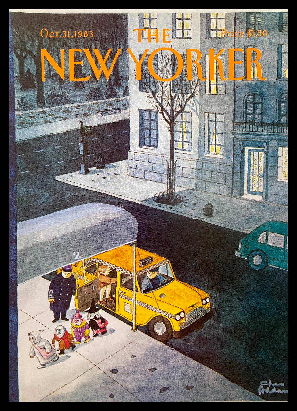 Cover of The New Yorker, October 31, 1983, featuring a Halloween theme illustration by Chas Addams, depicting children in costumes exiting a yellow taxi against a nighttime city backdrop.