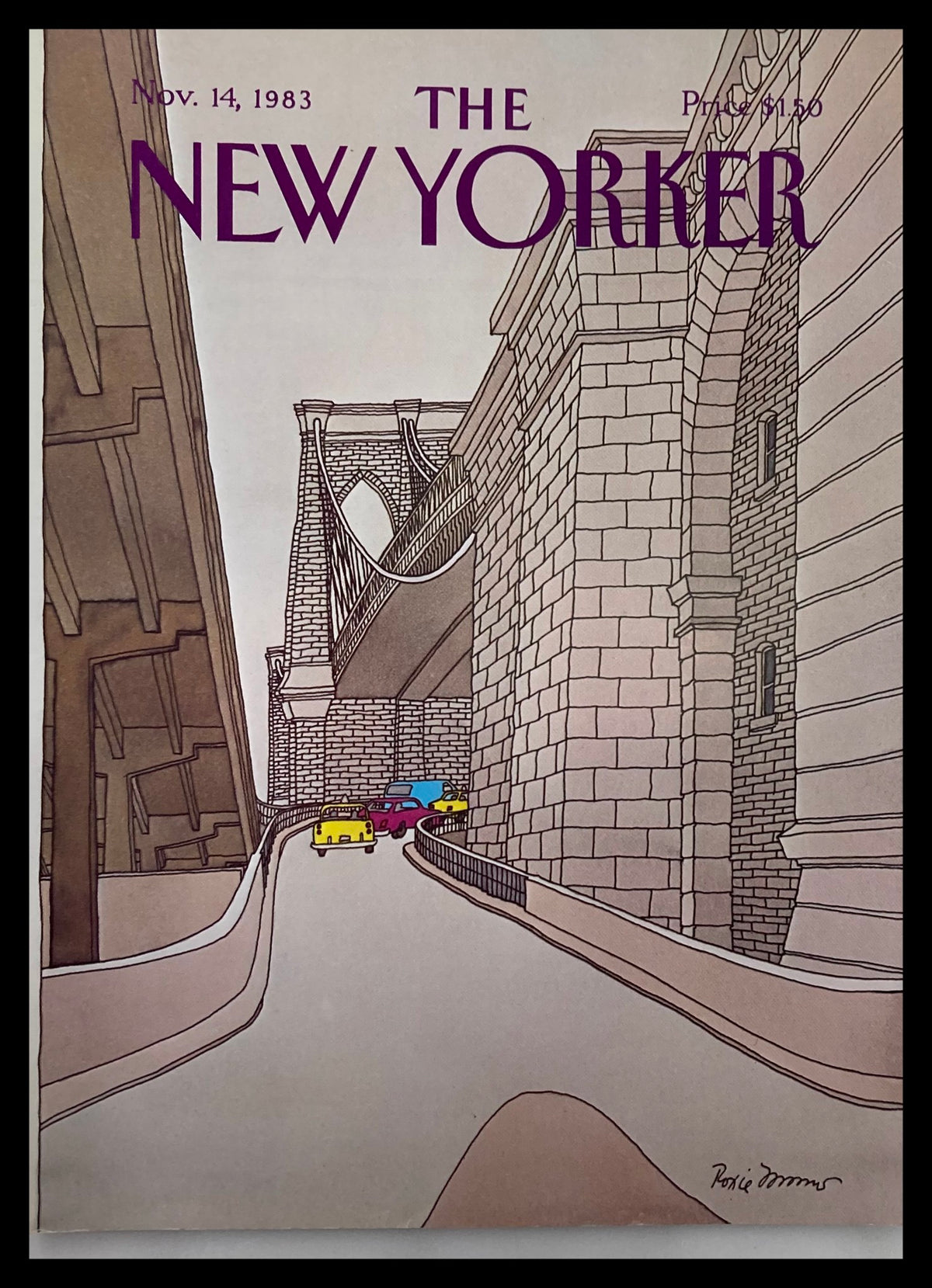 The New Yorker cover from November 14, 1983, titled 'Traffic' by Roxie Munro, depicting a city scene with cars navigating a road under a bridge.