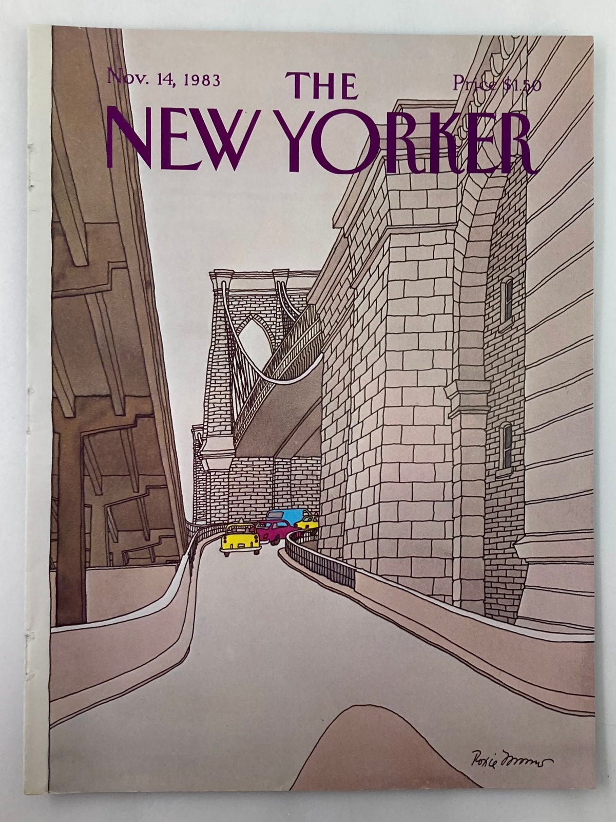 The New Yorker cover from November 14, 1983, titled 'Traffic' by Roxie Munro, showcasing an illustration of vehicles on a winding road near a bridge and stone architecture.