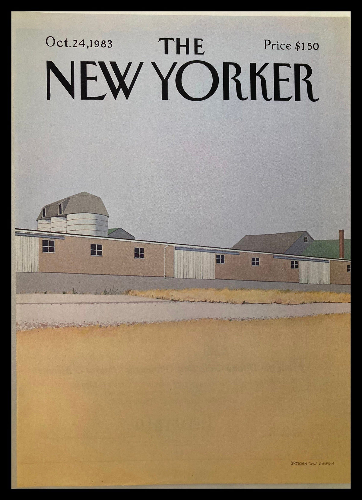 COVER ONLY The New Yorker October 24 1983 featuring the artwork 'Factory' by Gretchen Simpson, showcasing a minimalist depiction of buildings and landscape with soft colors.