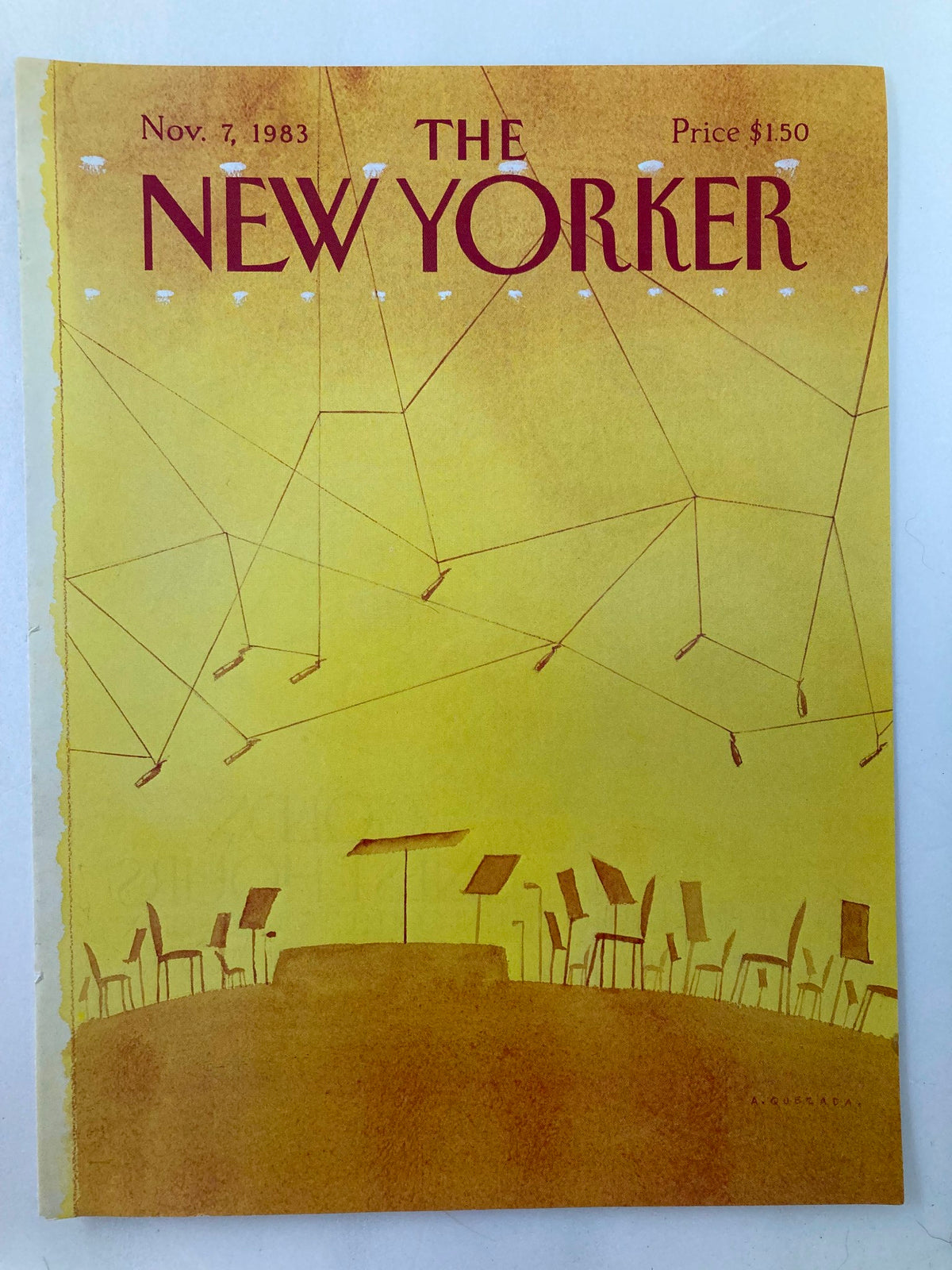 Cover of The New Yorker magazine from November 7, 1983, designed by Abel Quezada, featuring a minimalist artistic representation of a musical stage with empty chairs and a conductor's stand against a yellow background.